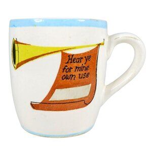 Nasco Japan “Hear Ye” Child’s Mug 1940s Ceramic Trumpet Banner Cup